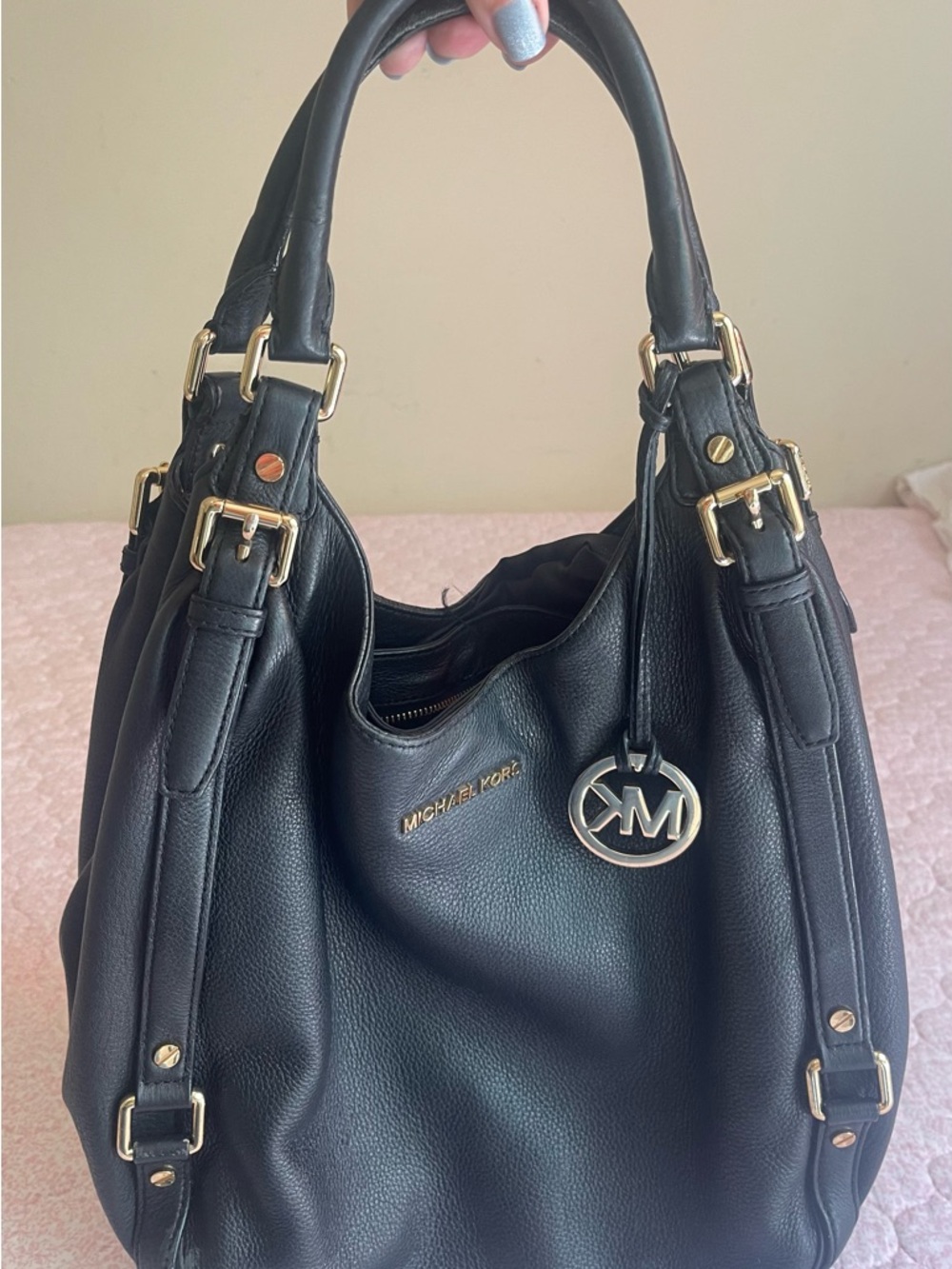 Michael Kors Black Pebbled Leather Shoulder Hobo with Gold Hardware - Picture 2 of 10